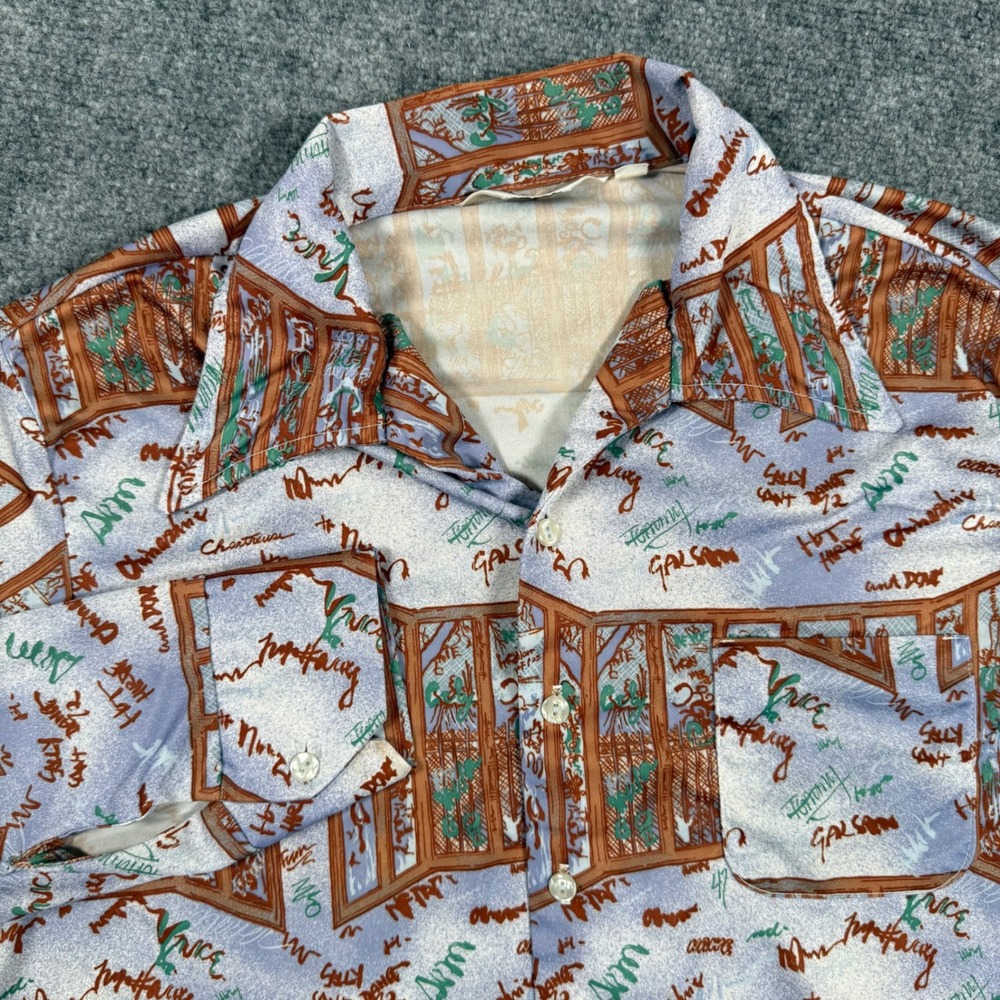 Mr California‎ Vintage Shirt Blue Brown Butterfly Collar L/S Button Up Men's